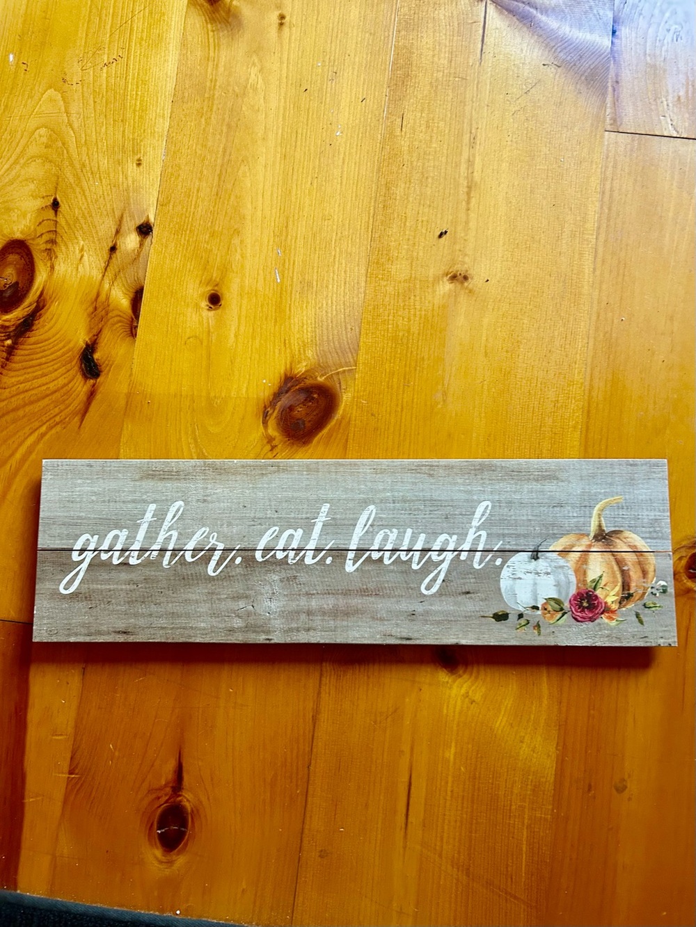Rustic Wood Natural  "gather. eat. laugh." Wall Sign with Pumpkin Accent